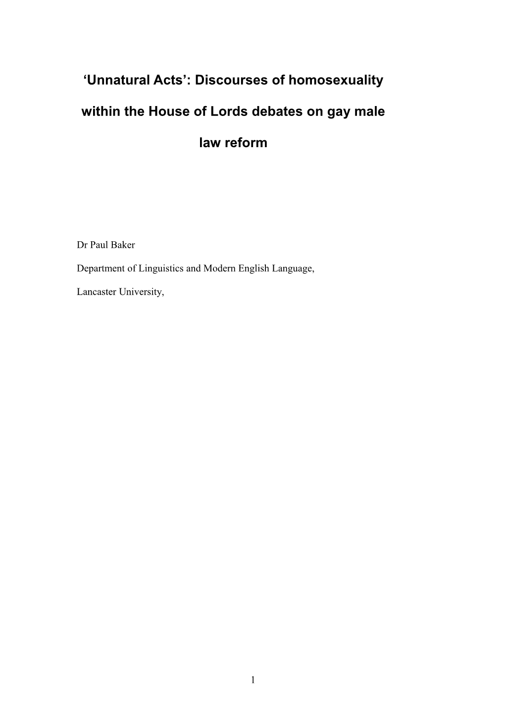 Chapter 3 Buggery, Sodomy and Gross Indecency the House of Lords Debates on Gay Legislation