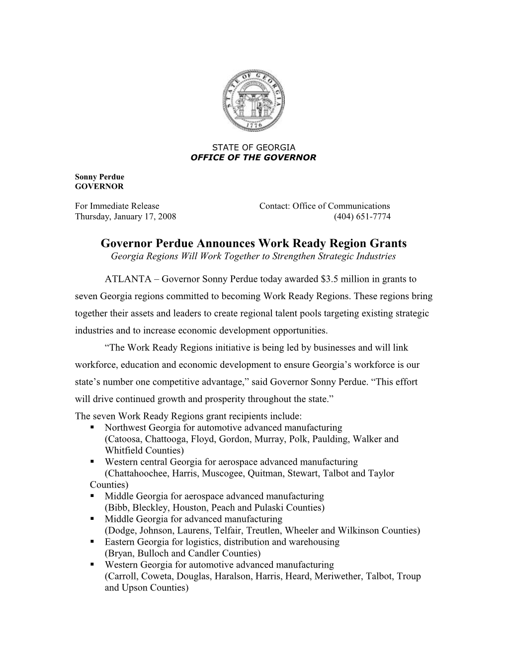 Governor Perdue Announces Work Ready Region Grants