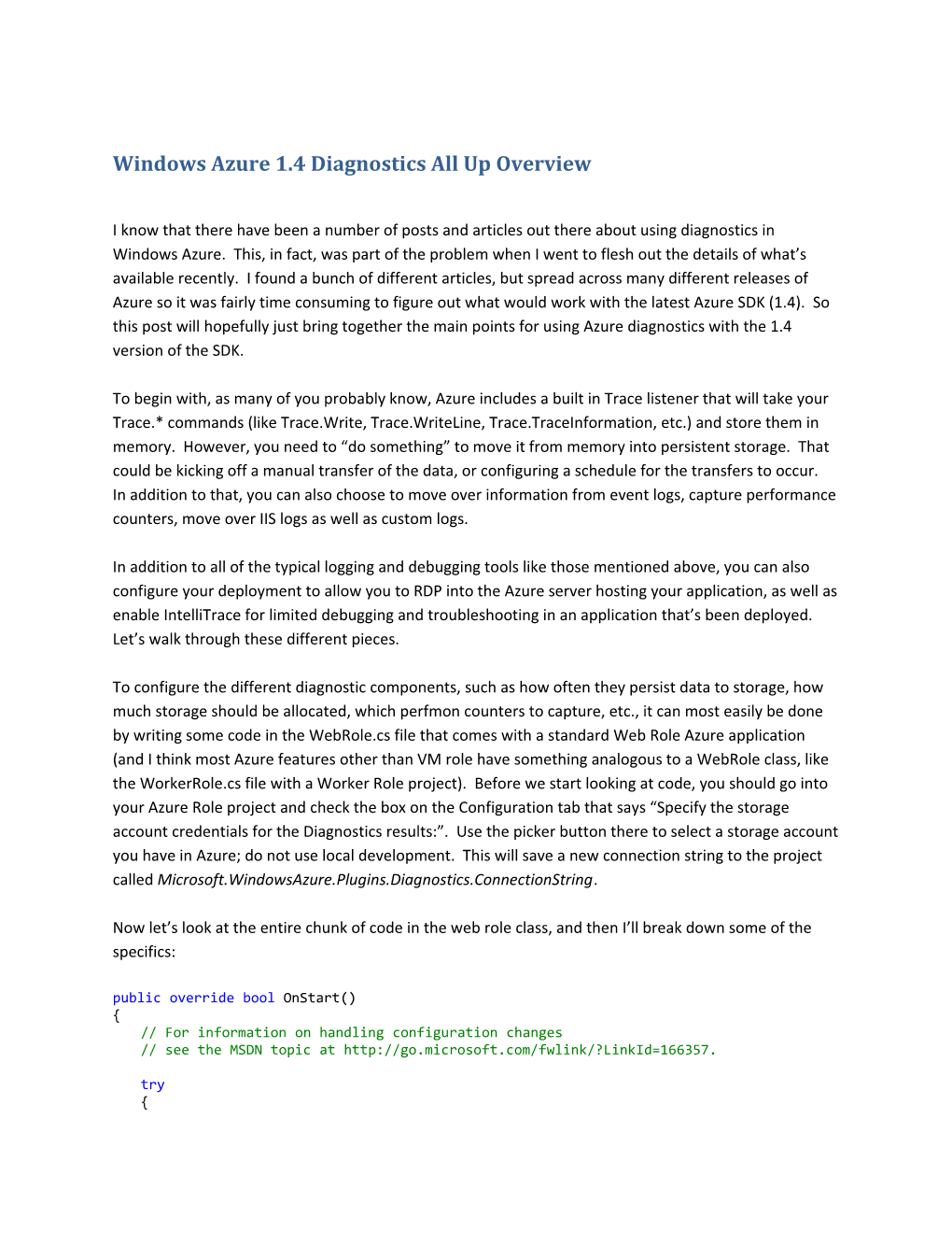 Windows Azure 1.4 Diagnostics All up Overview