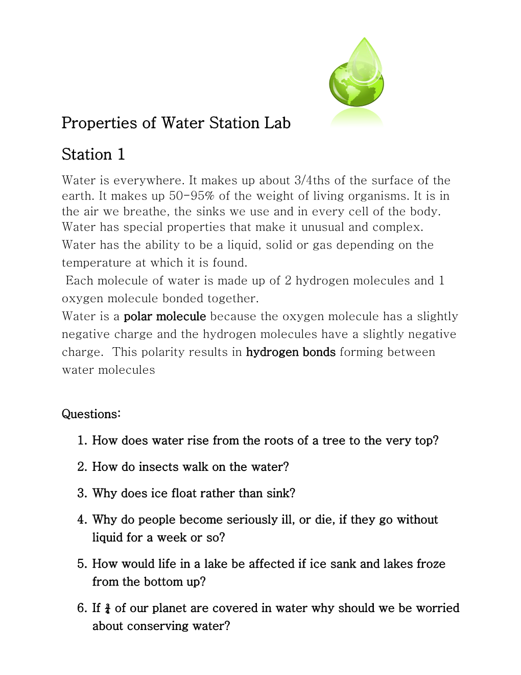Properties Of Water Station Lab