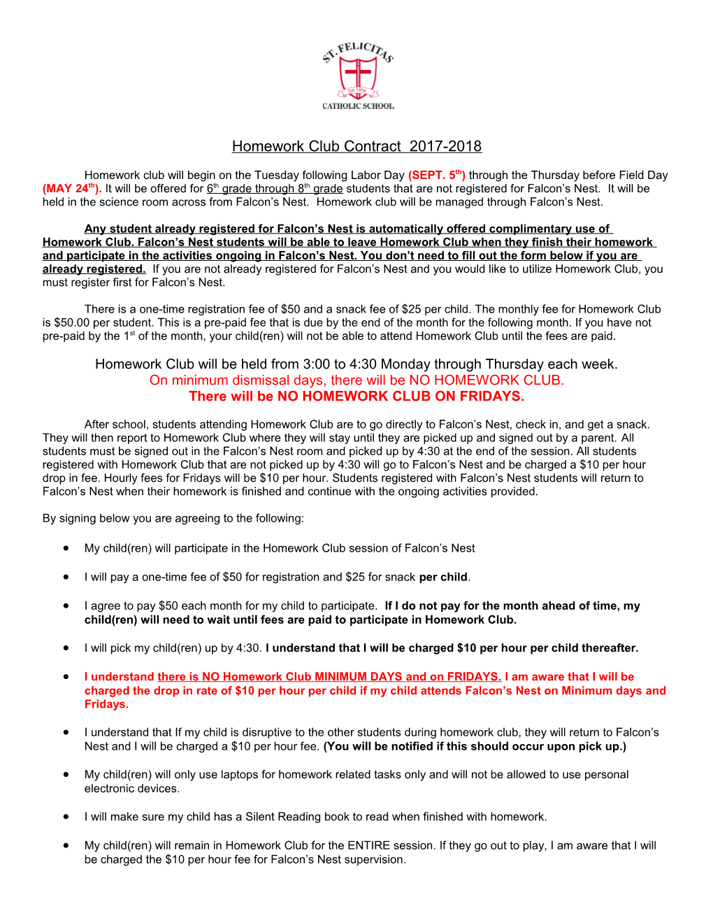 Homework Club Contract 2017-2018