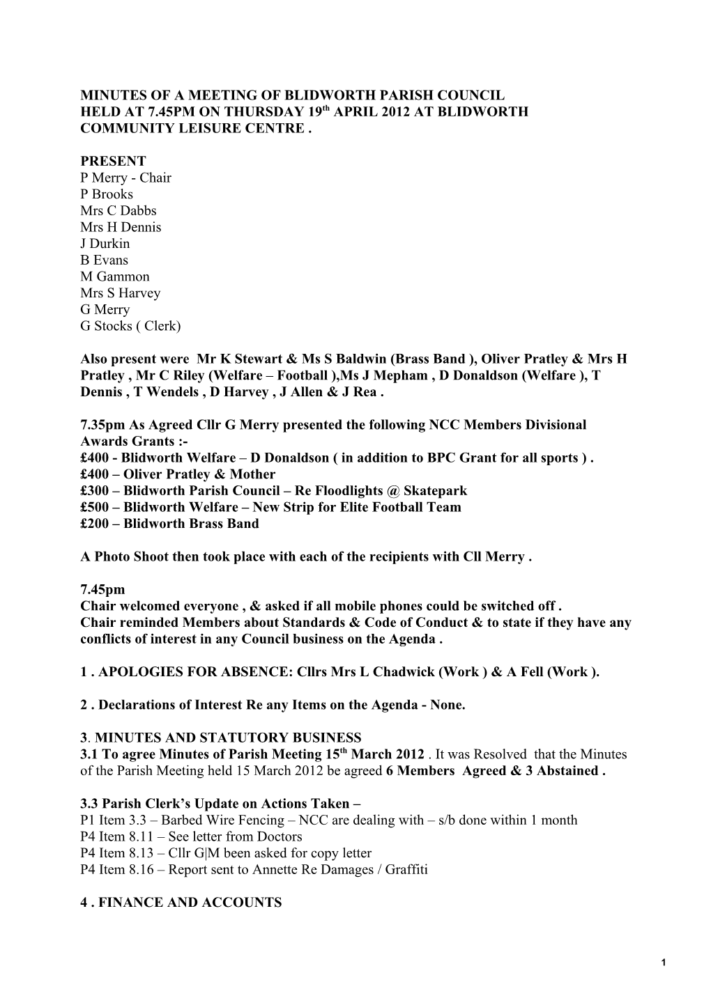 Minutes of a Meeting of Blidworth Parish Council s1