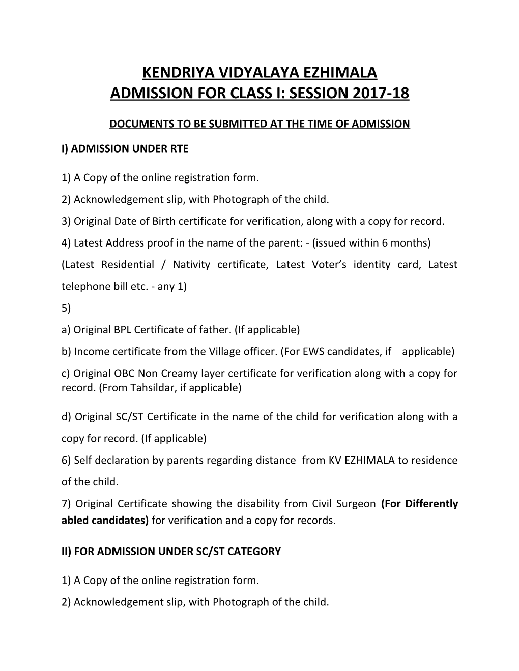 Admission for Class I: Session 2017-18