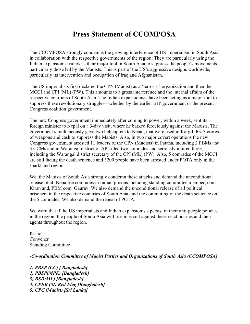 Press Statement of CCOMPOSA