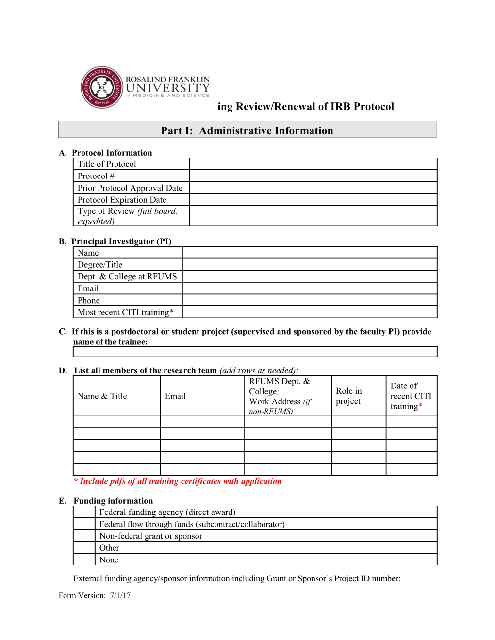 Application for Continuing Review/Renewal of IRB Protocol