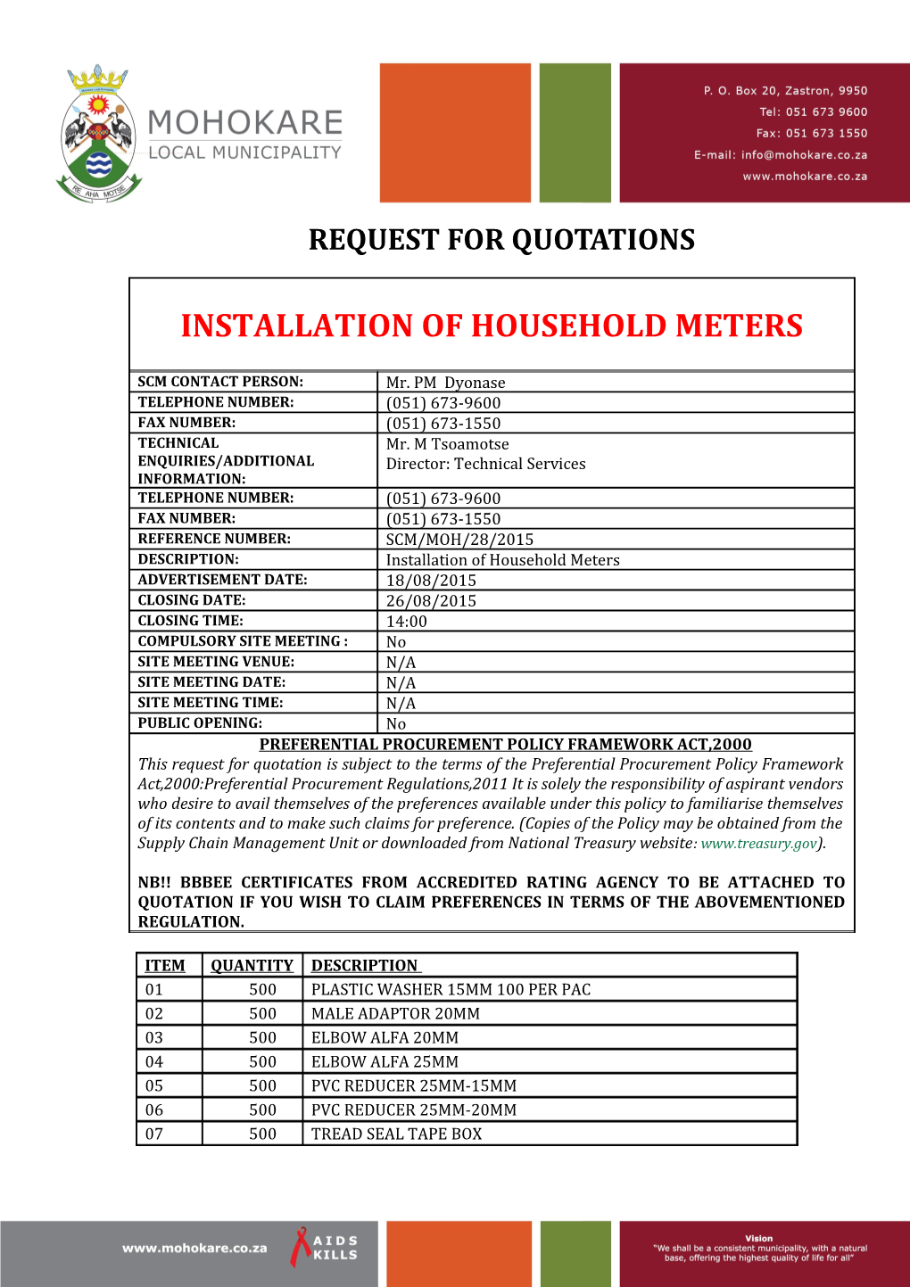 Please Deposit Quotation in the Quotation Box Situated at the Municipal Offices