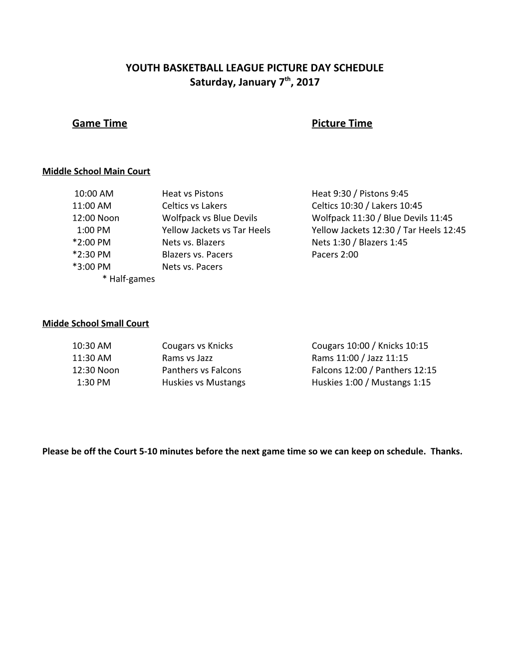 Youth Basketball League Picture Day Schedule