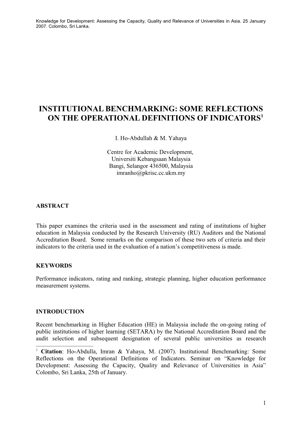 Institutional Benchmarking: Some Reflections on the Operational Definitions of Indicators 1