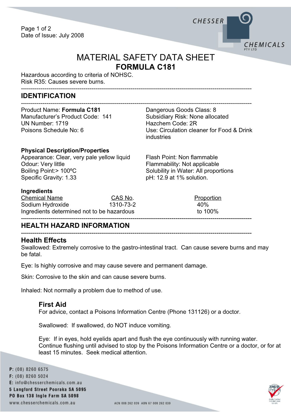 Material Safety Data Sheet s154