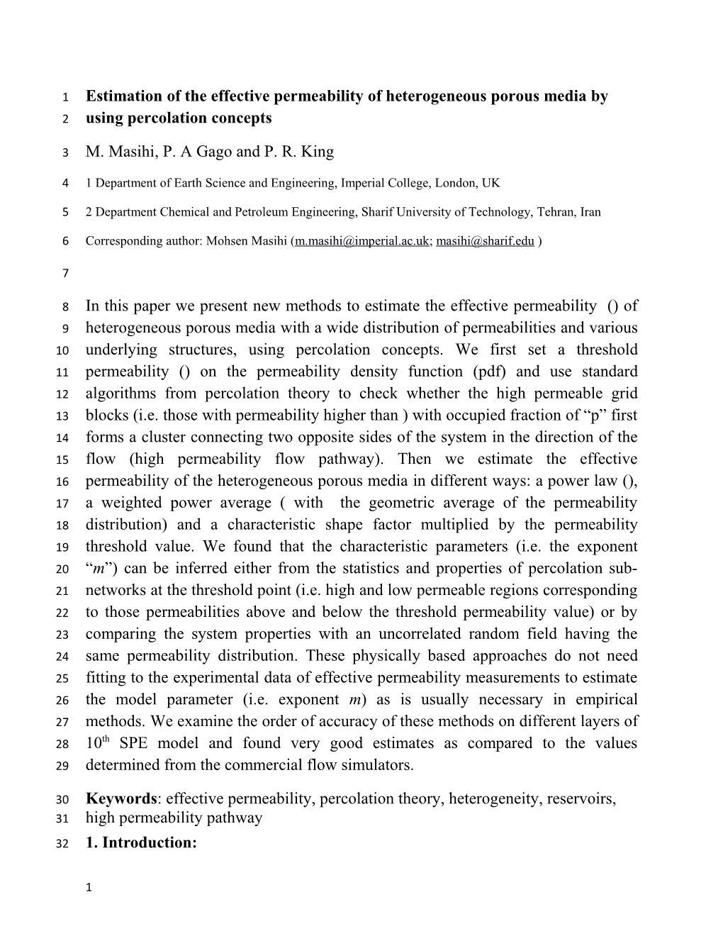 Estimation of the Effective Permeability of Heterogeneous Porous Media by Using Percolation