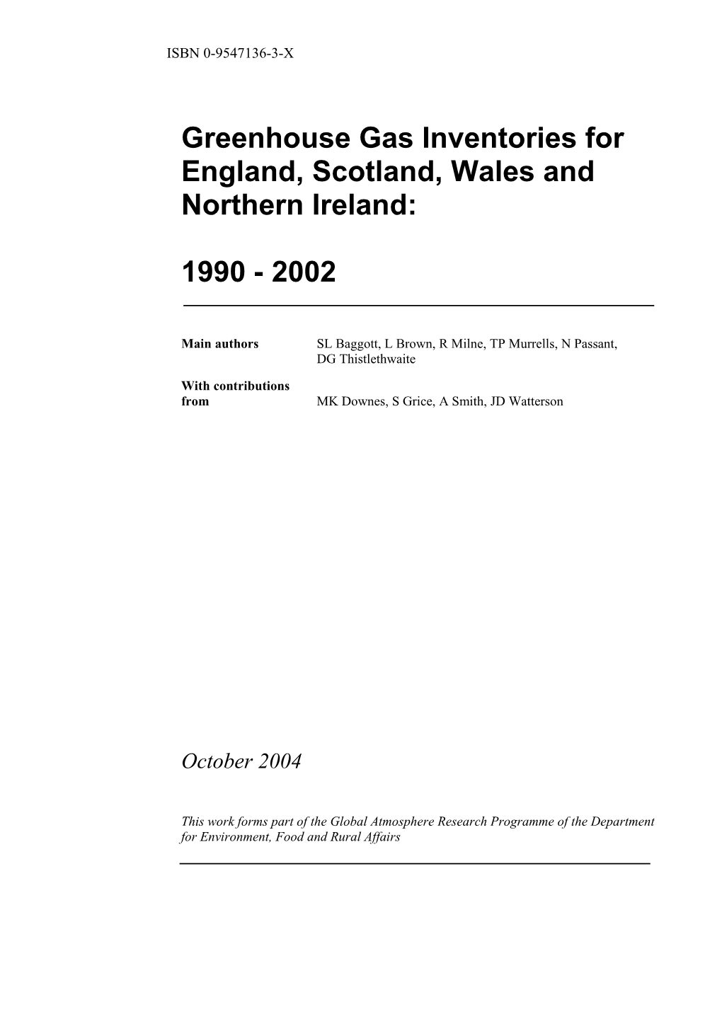 Greenhouse Gas Inventories, for England, Scotland, Wales and Northern Ireland