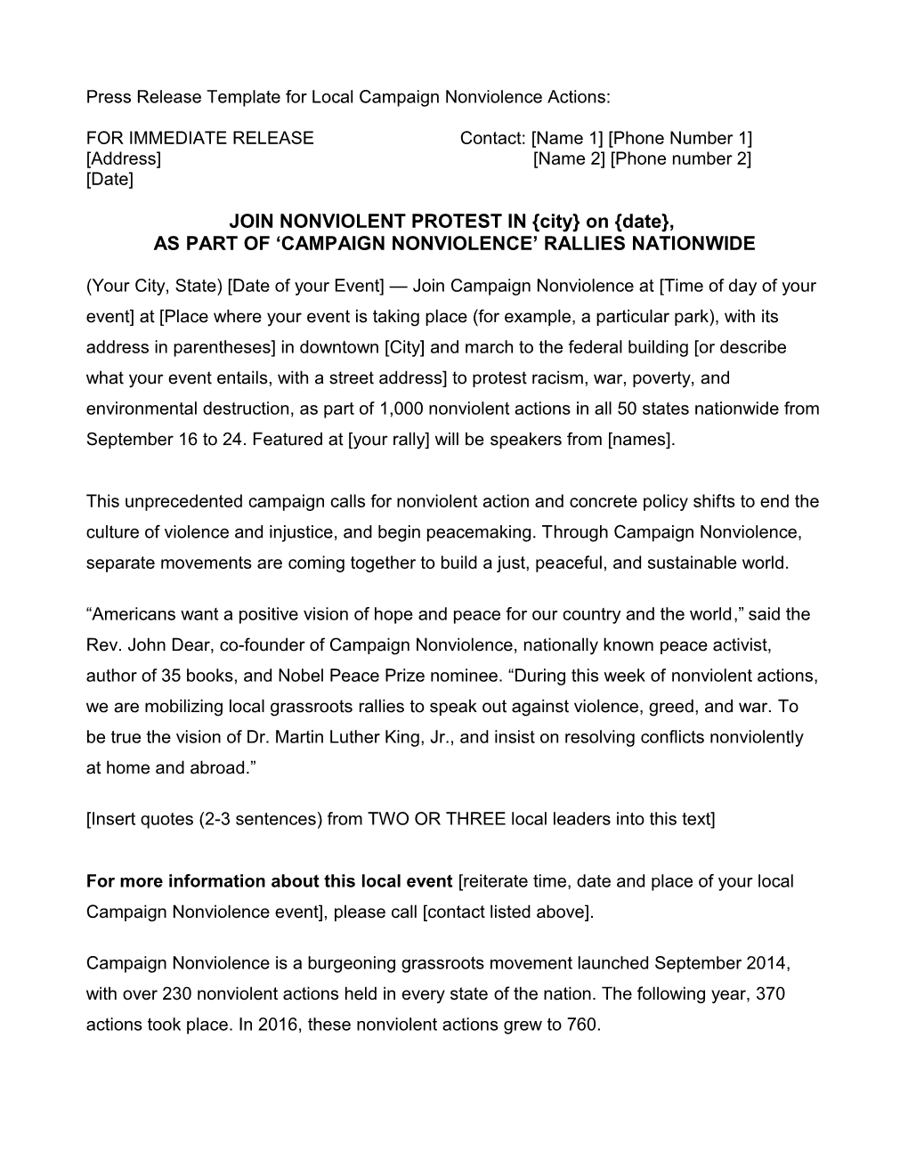 Press Release Template for Local Campaign Nonviolence Actions