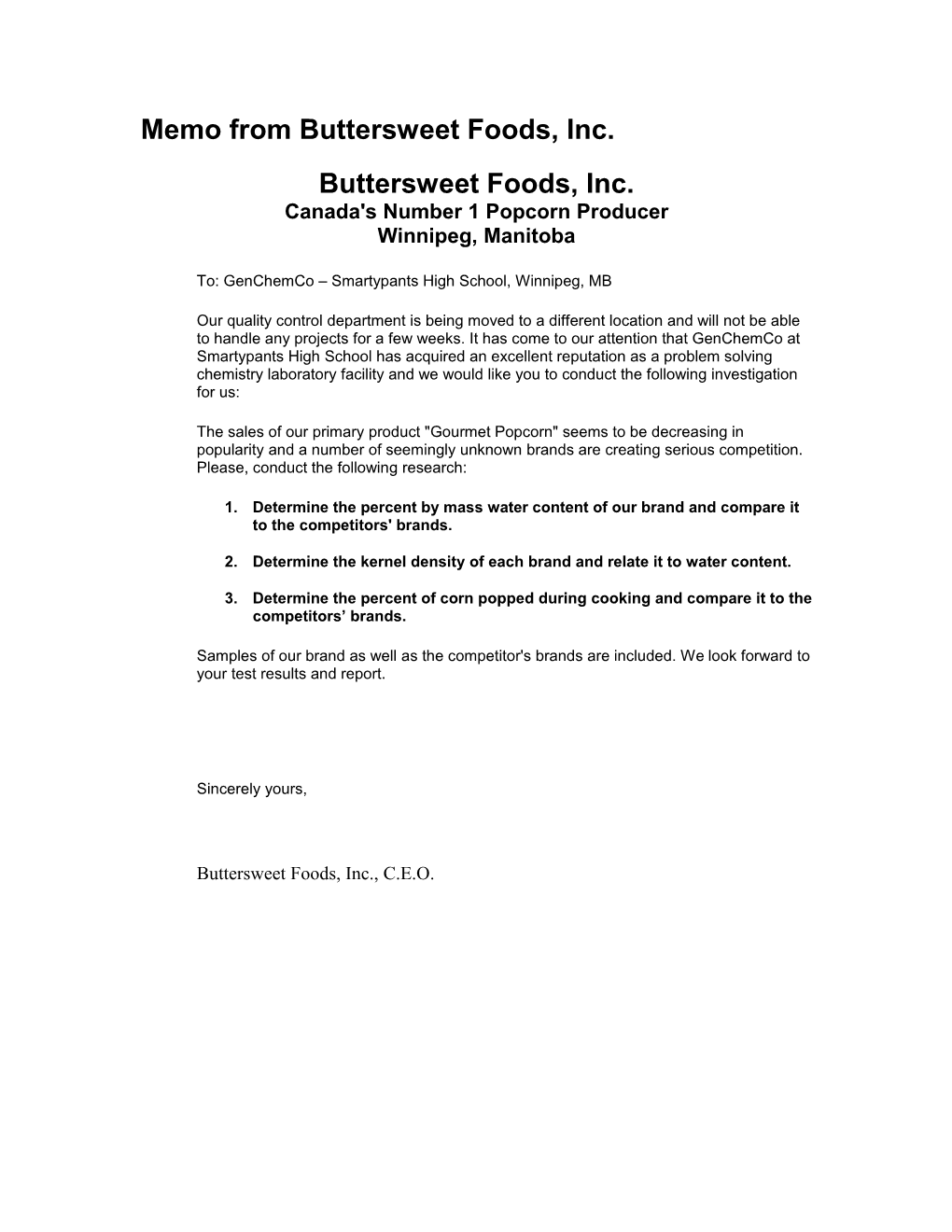 Memo from Buttersweet Foods, Inc