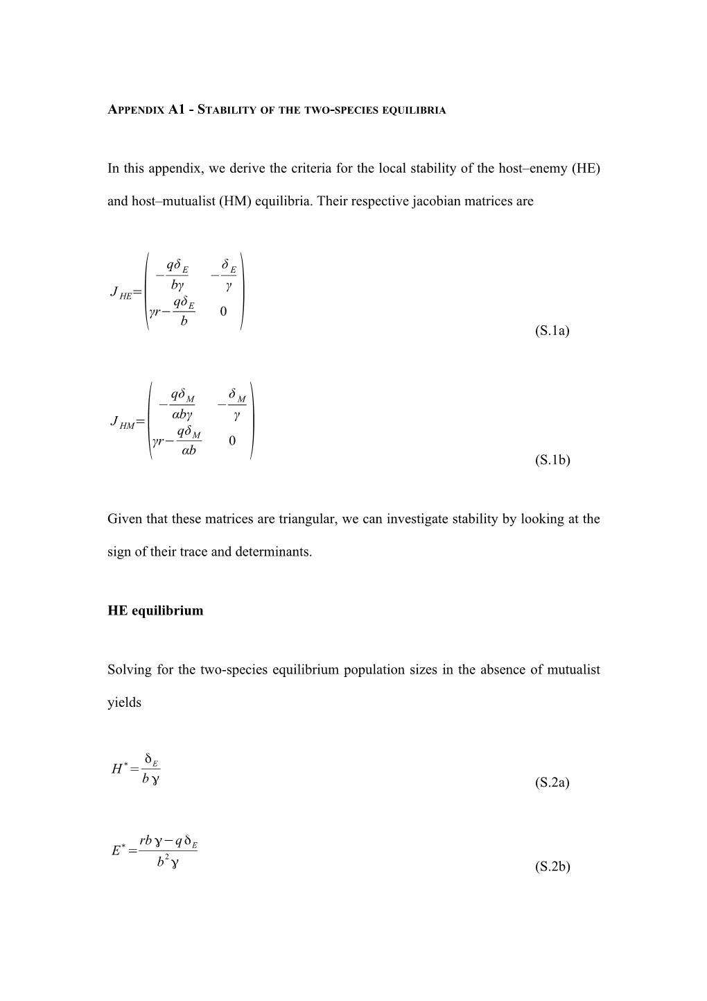 Appendix 1 - Stability of the Two-Species Equilibria