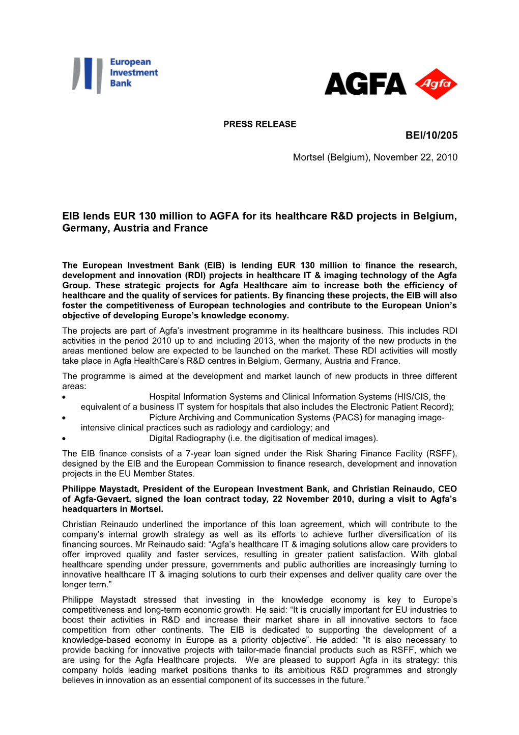 AGFA-EIB Agreement for Agfa Healthcare R&D Projects