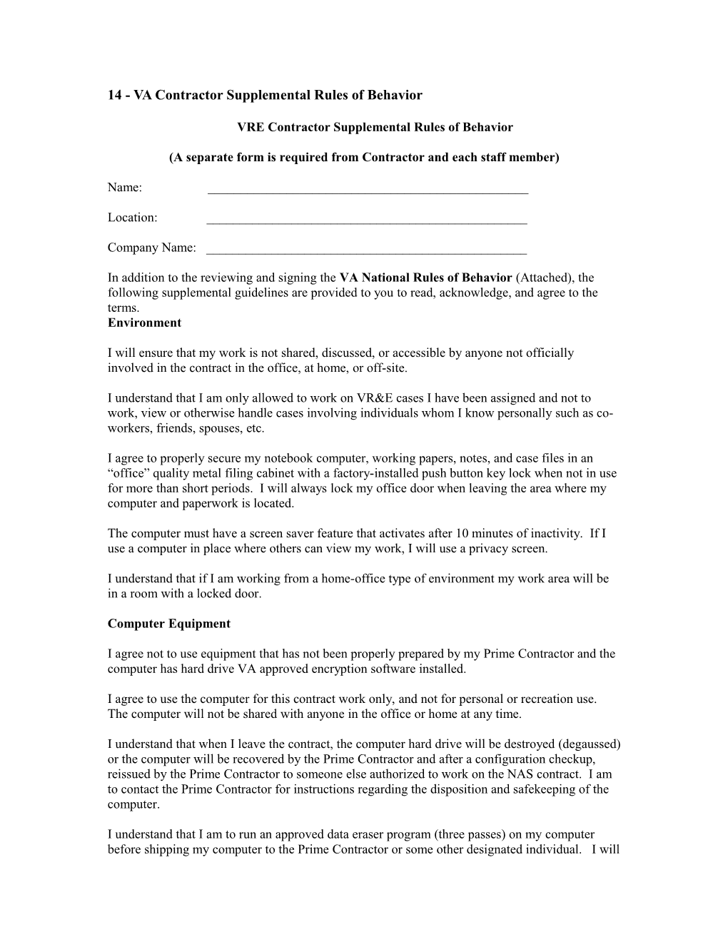 14 - VA Contractor Supplemental Rules of Behavior