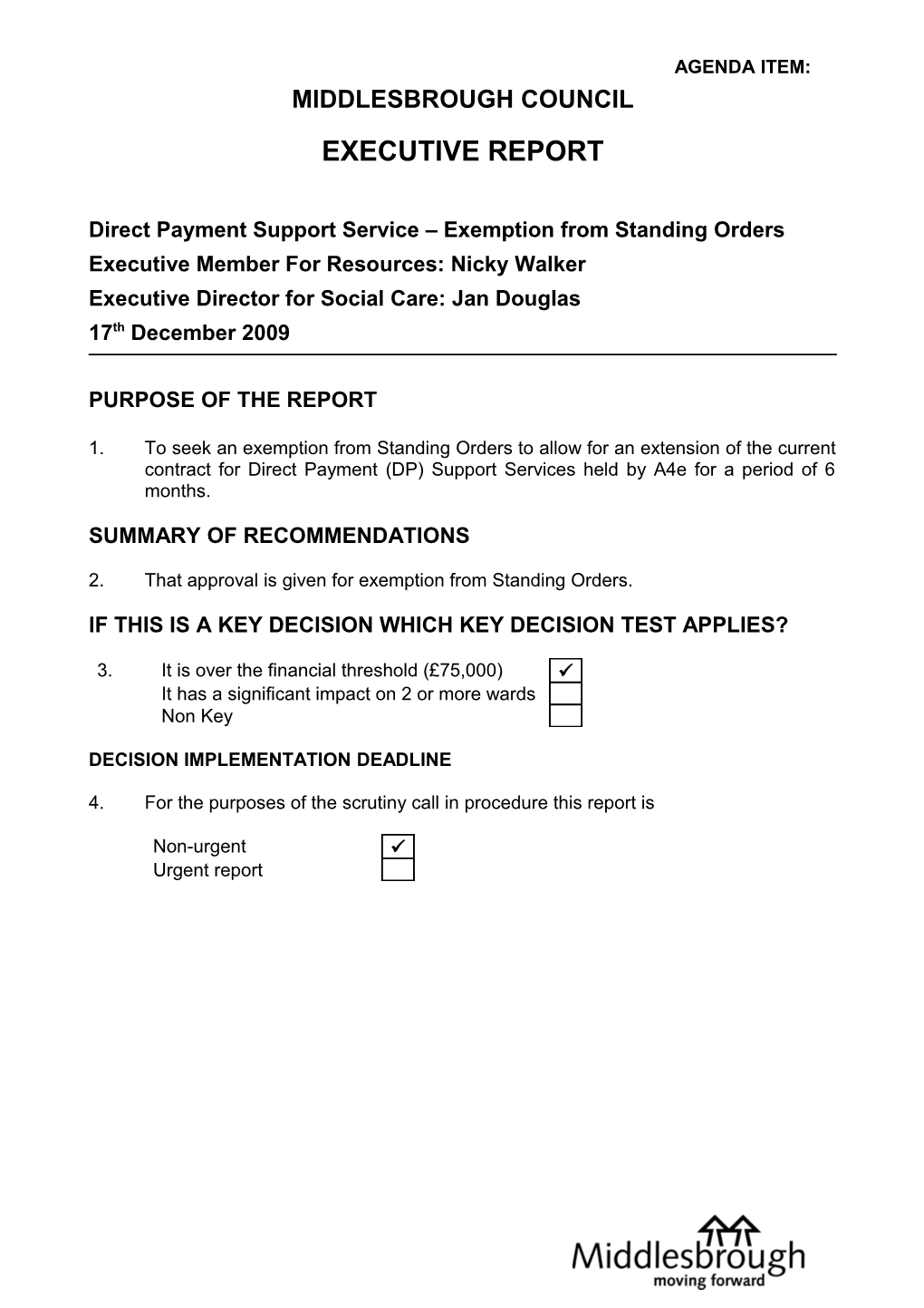 Direct Payment Support Service Exemption from Standing Orders