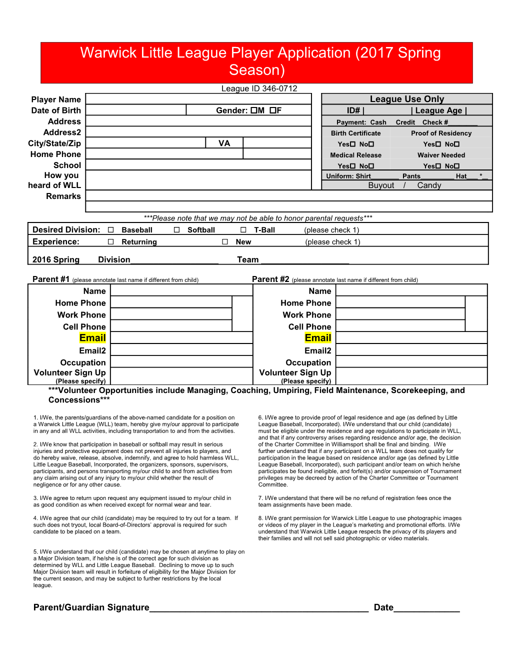 Warwick Little League Player Application (2008 Spring Season)