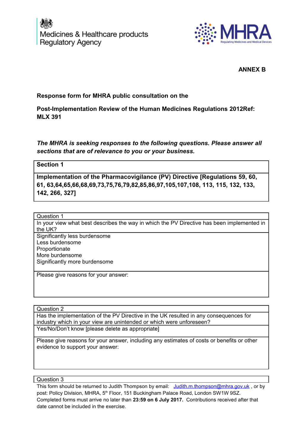 Response Form for MHRA Public Consultation on The