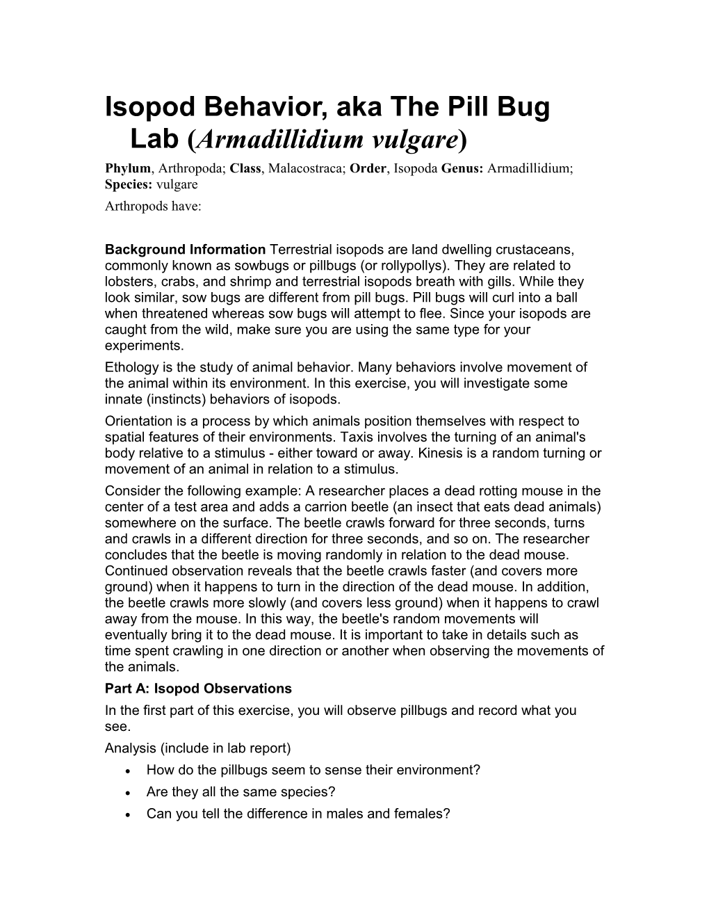 Isopod Behavior, Or the Pill Bug Lab