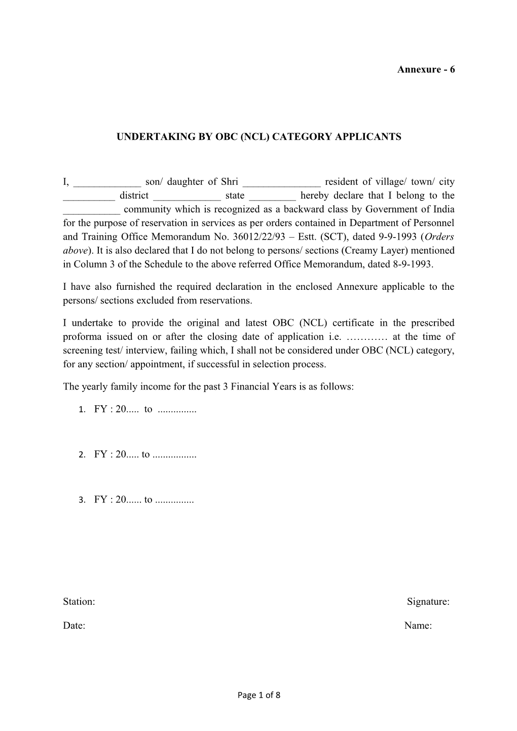 Undertaking by Obc (Ncl) Category Applicants