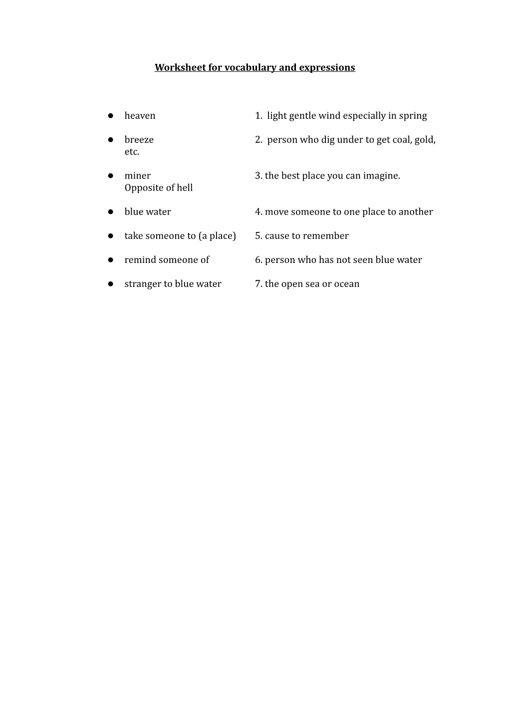 Worksheet for Vocabulary and Expressions