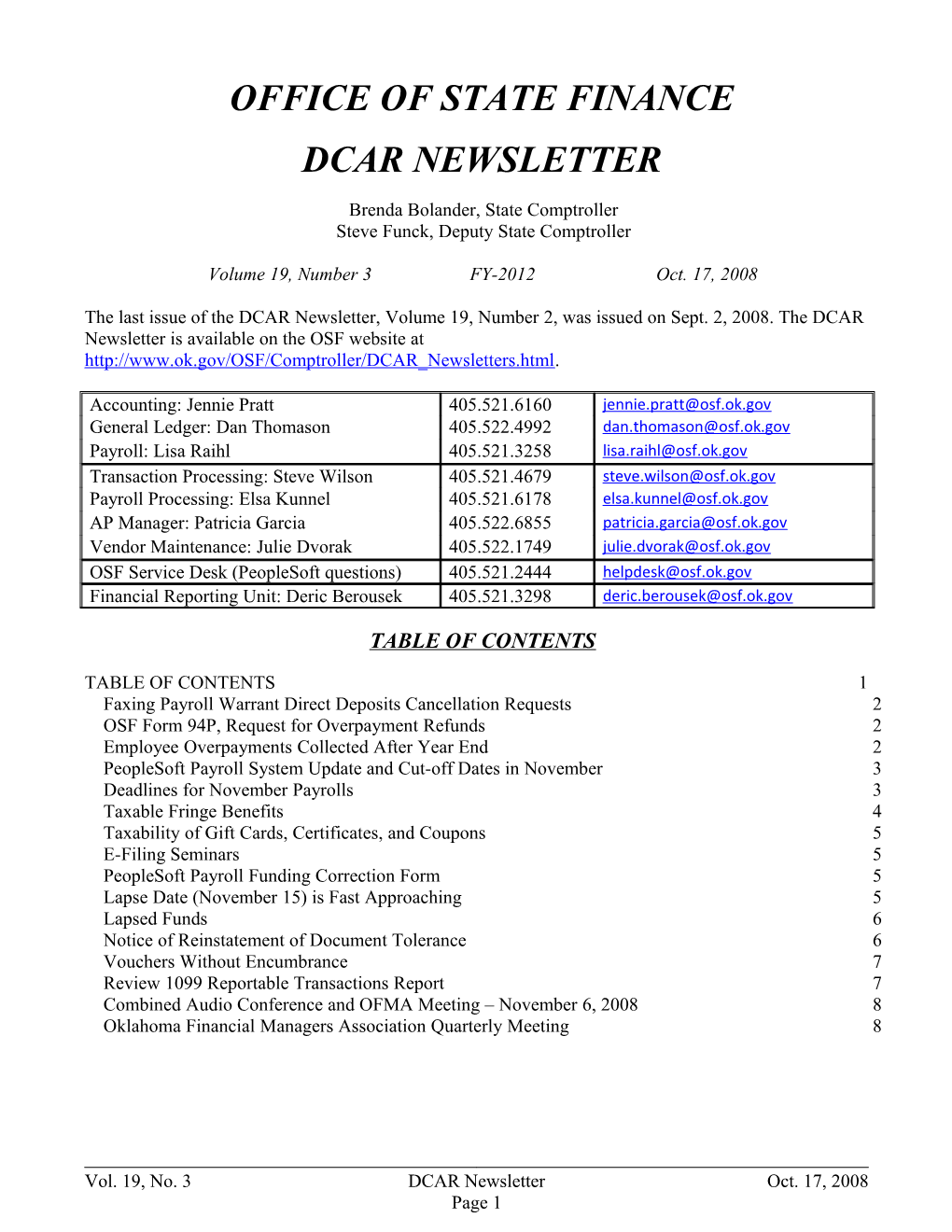 Office of State Finance DCAR Newsletter, Oct. 17, 2008