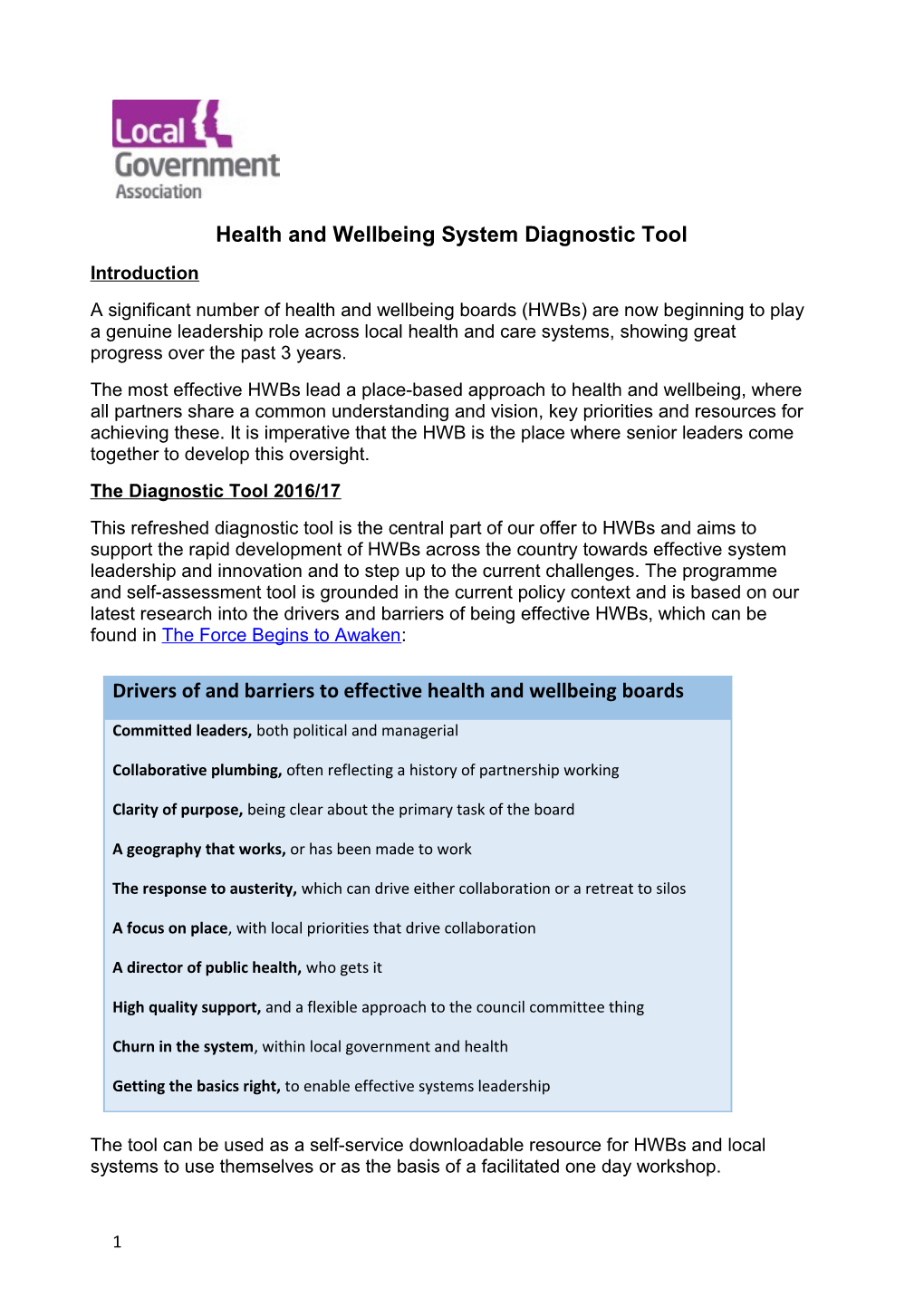 Health and Wellbeing System Diagnostic Tool