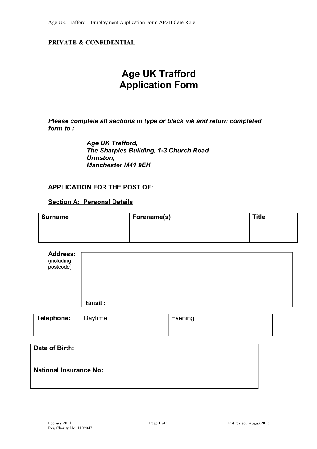 Age UK Trafford Employment Application Form AP2H Care Role