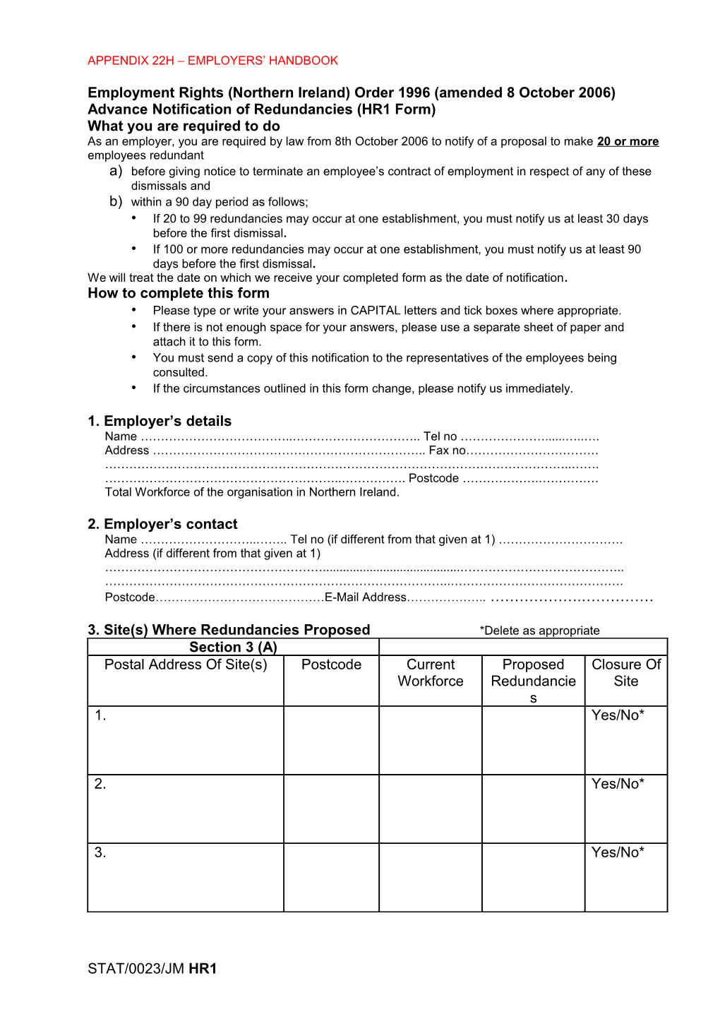 Advance Notification of Redundancies (HR1 Form)