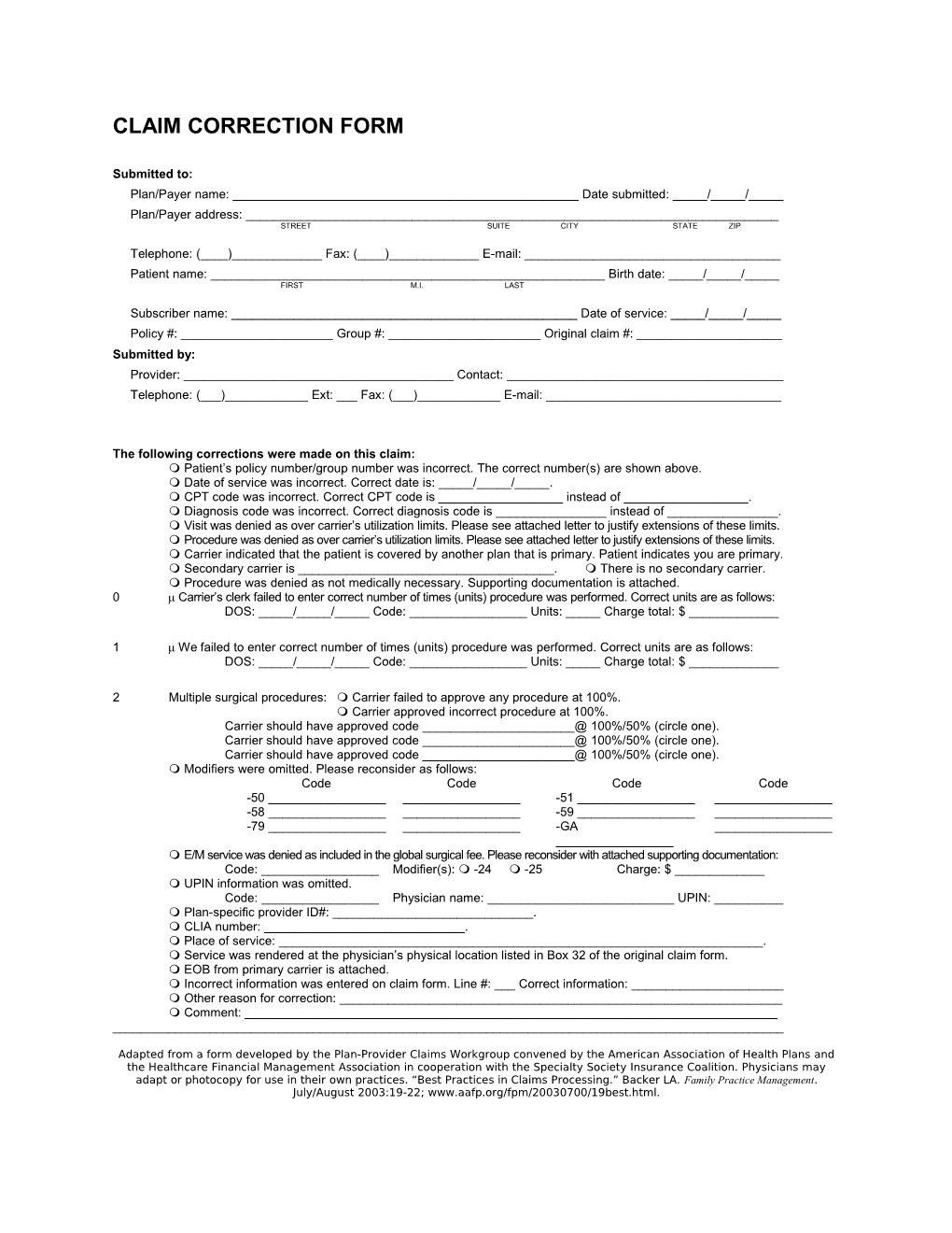 Claim Correction Form