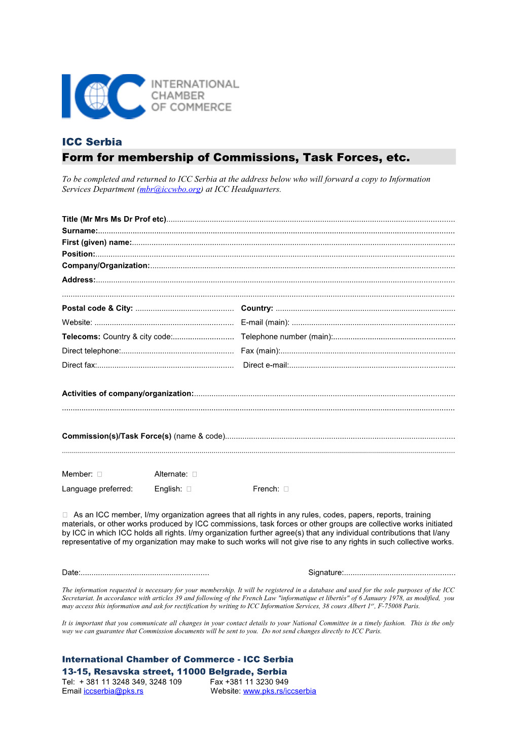 Form for Membership of Commissions, Task Forces, Etc