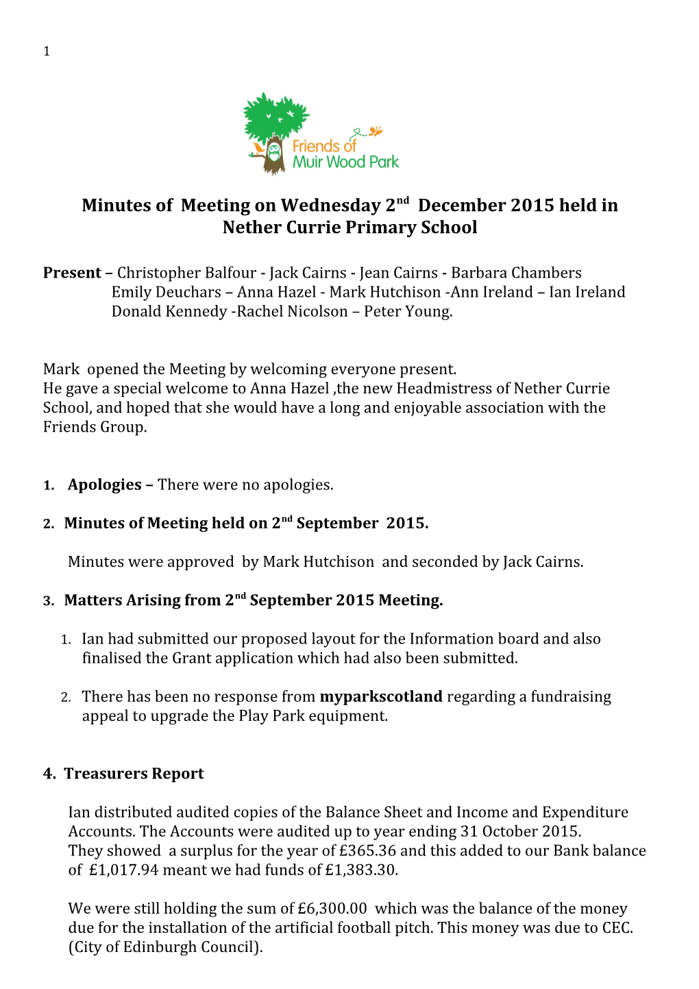Minutes of Meetingon Wednesday 2Nd December 2015 Held In