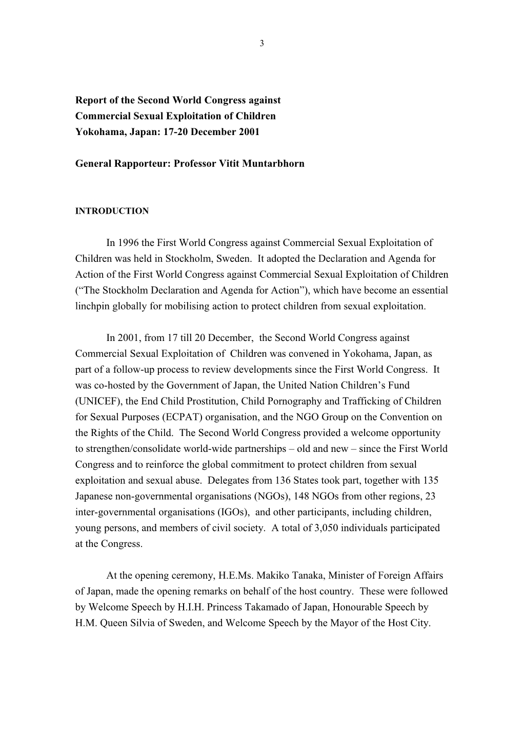 Report of the Second World Congress Against Commercial Sexual Exploitation of Children