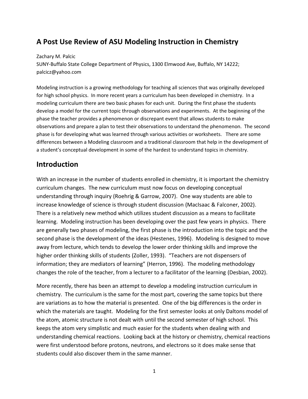 A Post Use Review of ASU Modeling Instruction in Chemistry