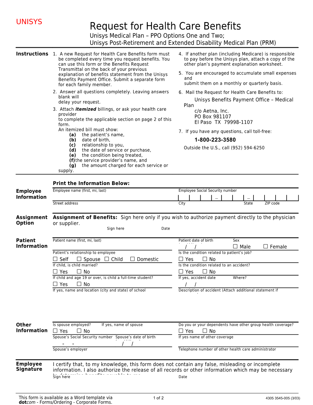 Request for Health Care Benefits - Unisys PPO and PRM Plans