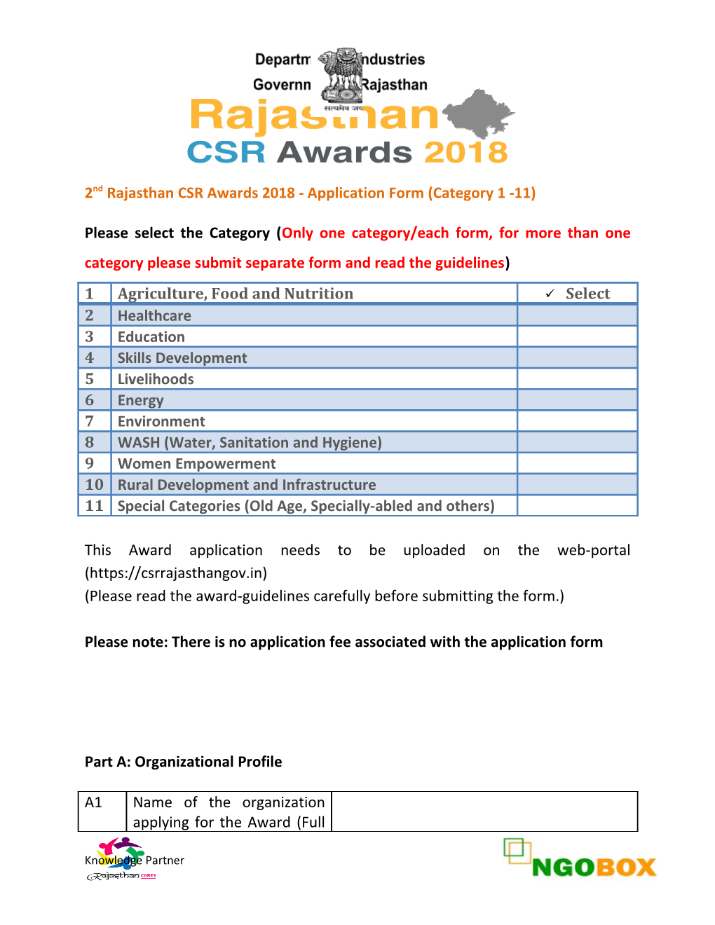 2Nd Rajasthan CSR Awards 2018-Application Form