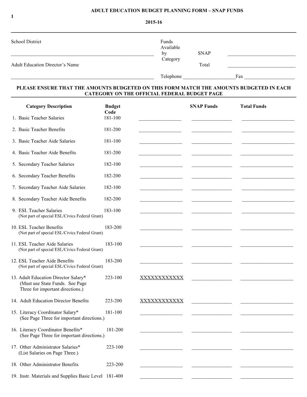 Adult Education Project Proposal Budget Planning Form for July 1, 2003 Through June 30, 2004