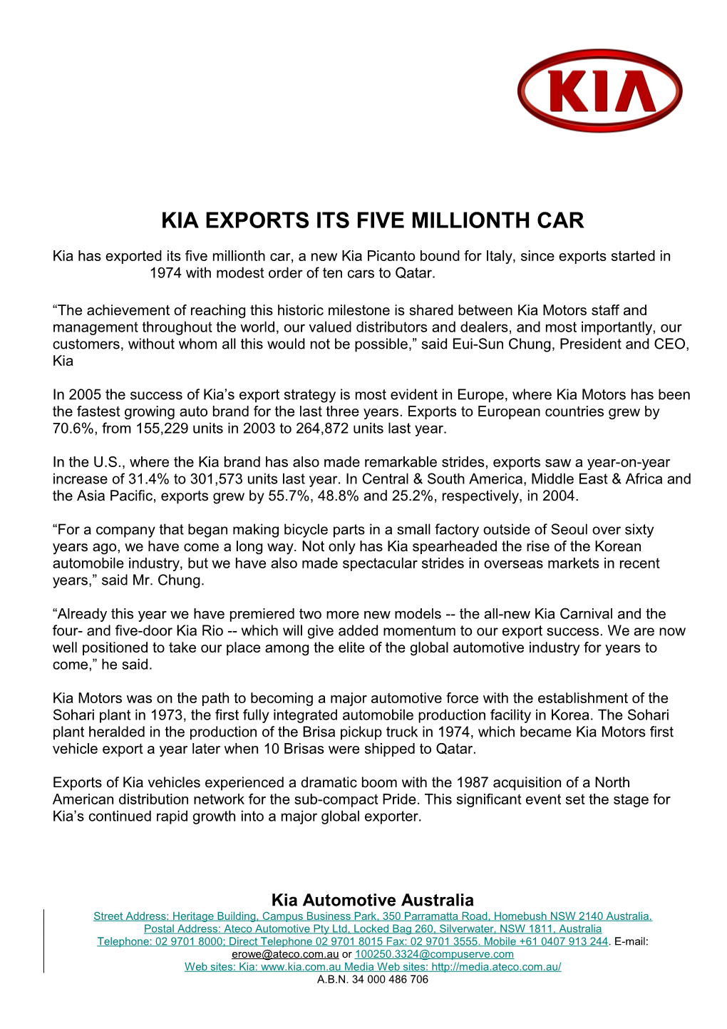 Kia Exports Its Five Millionth Car