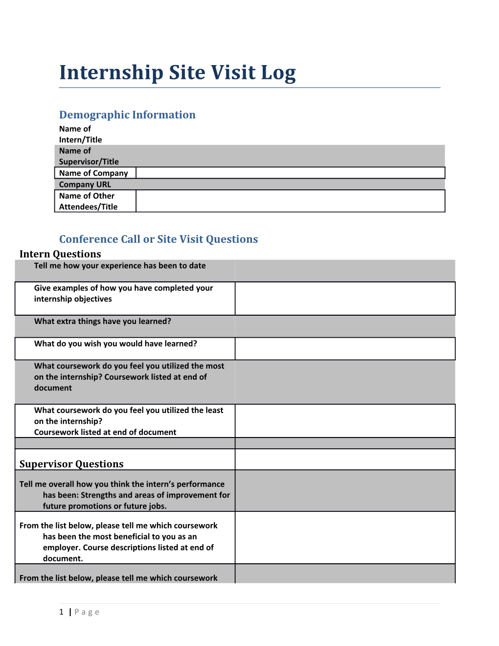 Internship Site Visit Log