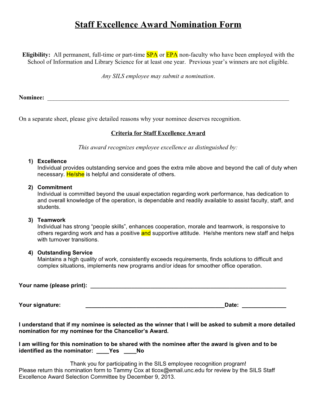 Staff Excellence Award Nomination Form