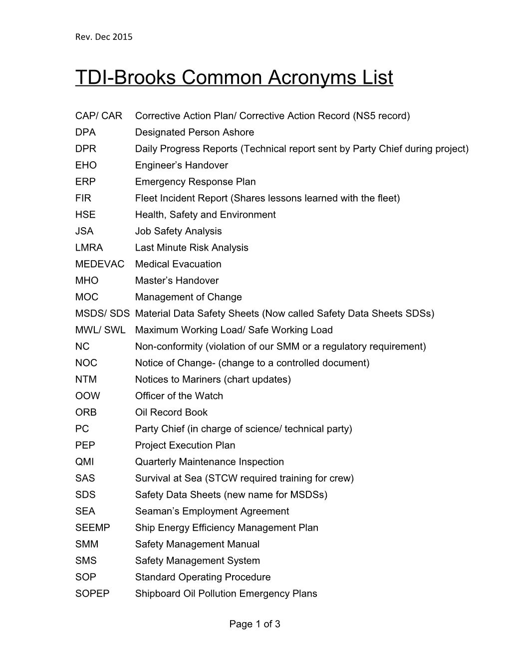 TDI-Brooks Common Acronyms List
