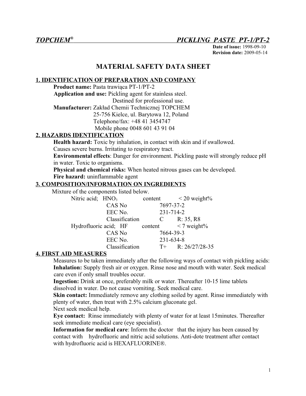 Material Safety Data Sheet Pickling Paste/Spray