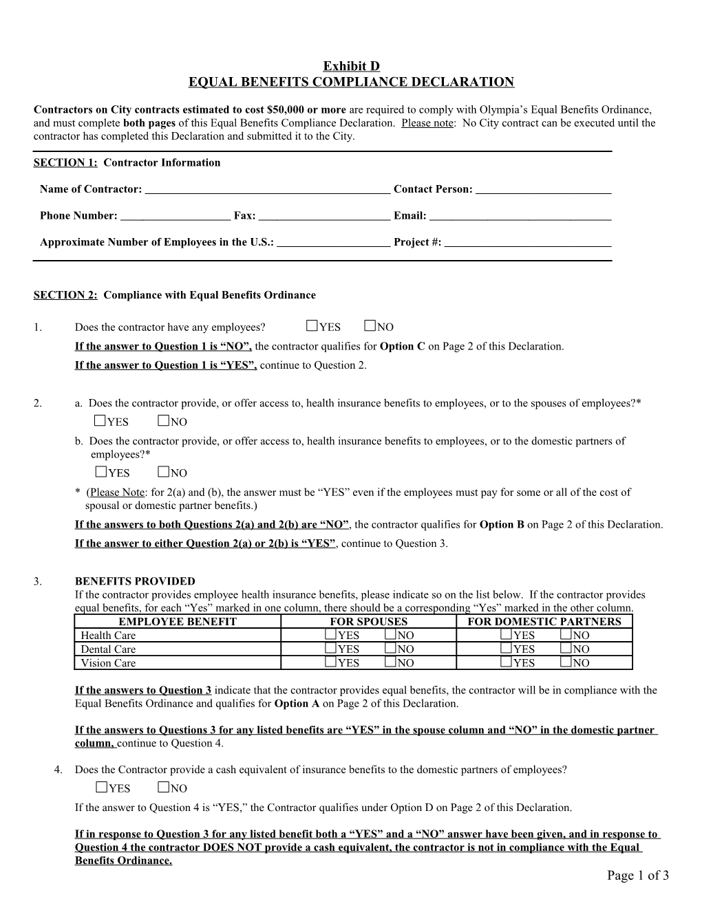 Equal Benefits Compliance Declaration