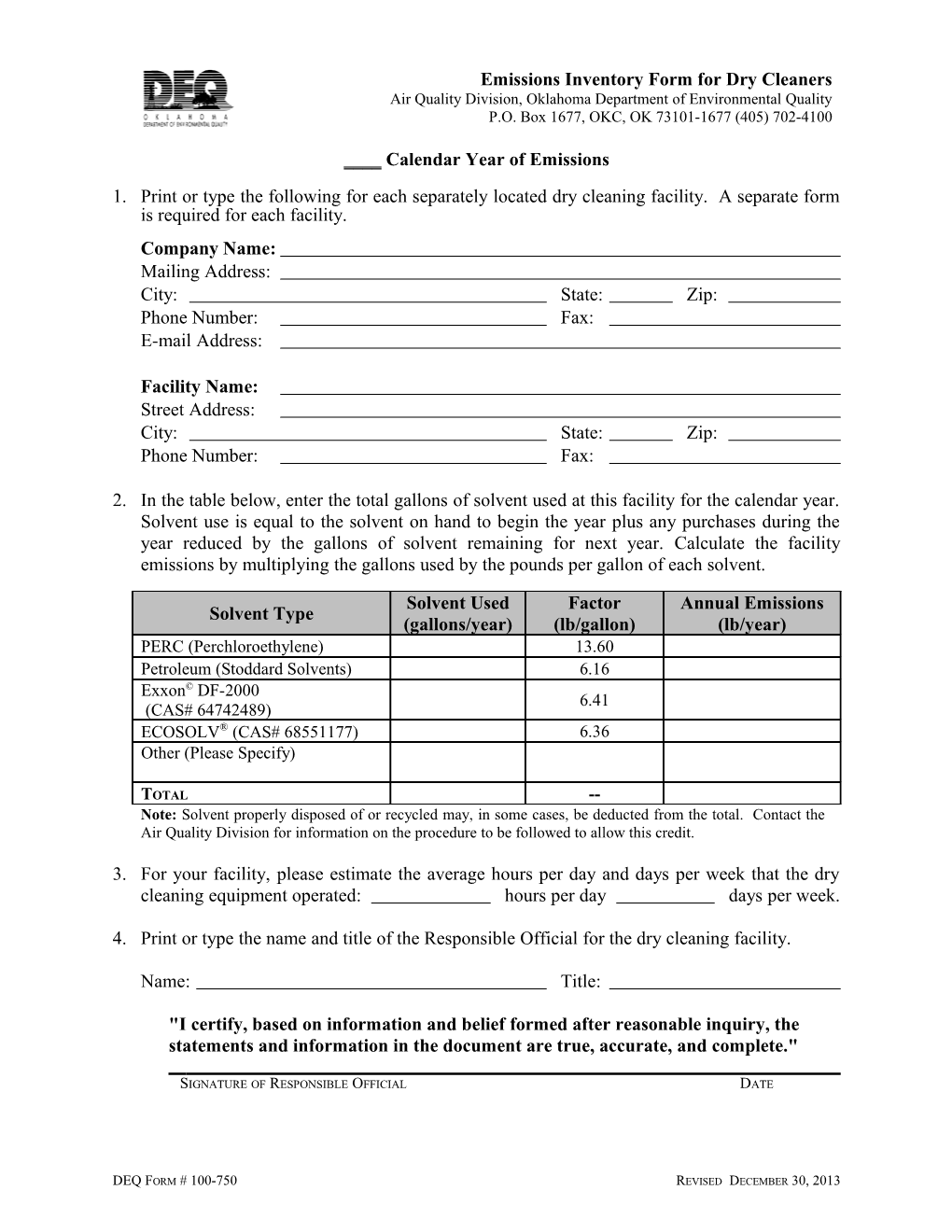 Dry Cleaners Report Form