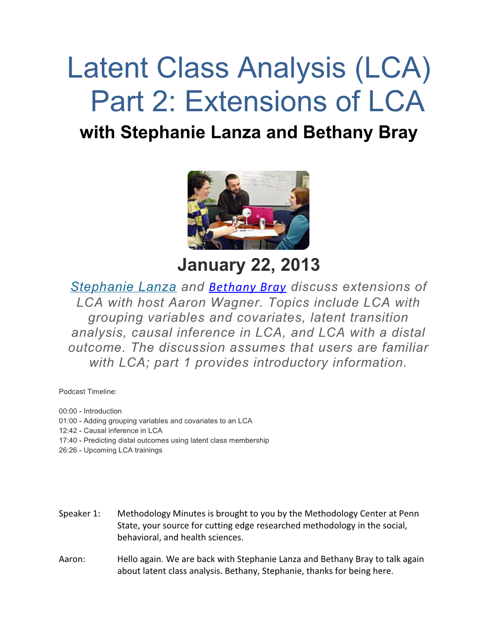 Latent Class Analysis (LCA) Part 2: Extensions of LCA