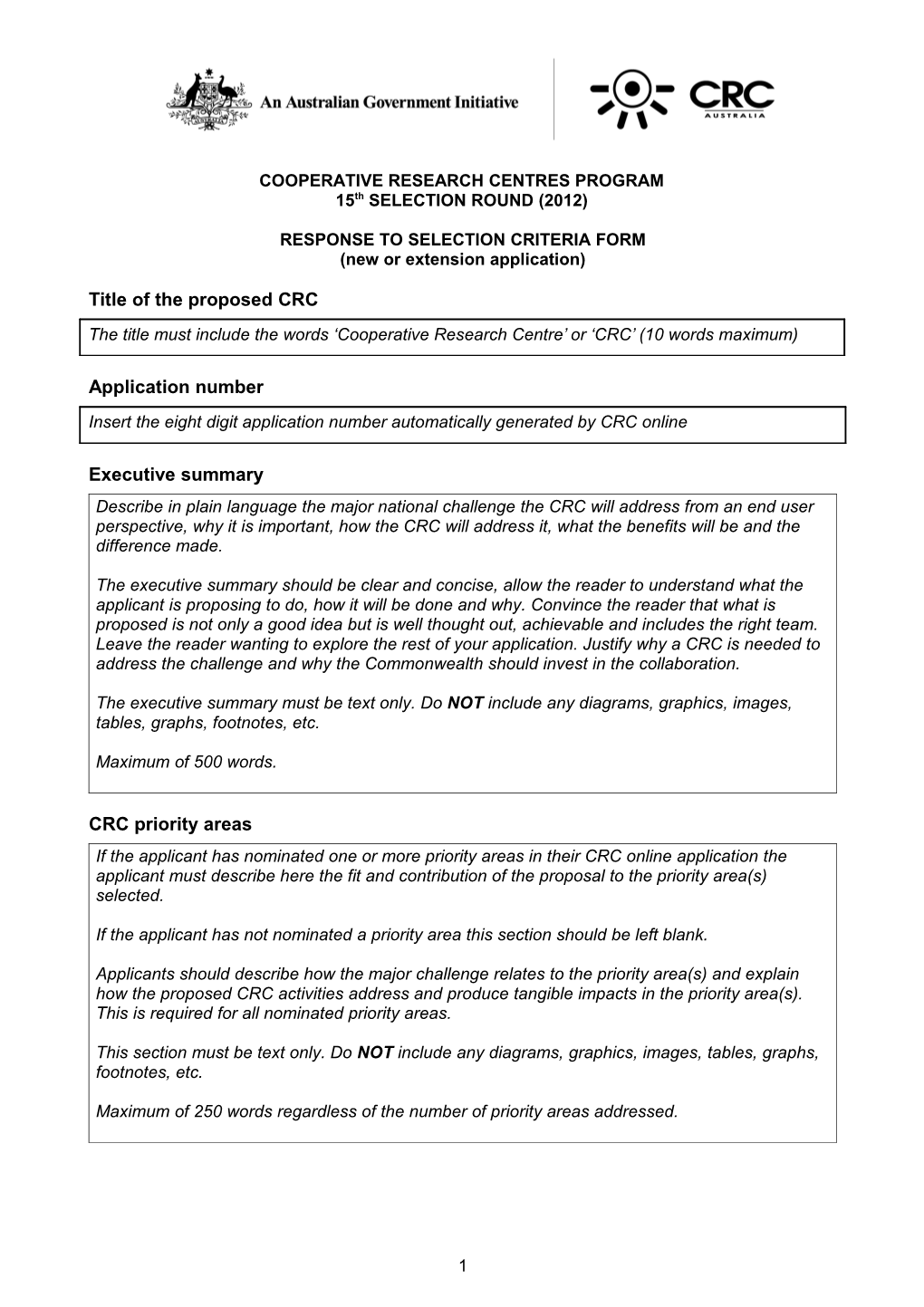 Response to Selection Criteria Form - New/Extension Application