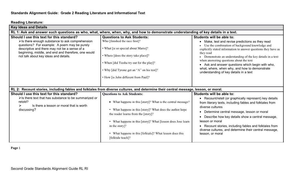 Standards Alignment Guide: Grade 2 Reading Literature and Informational Text