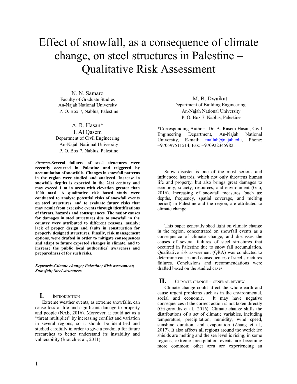 Effect of Snowfall, As a Consequence of Climate Change, on Steel Structures in Palestine