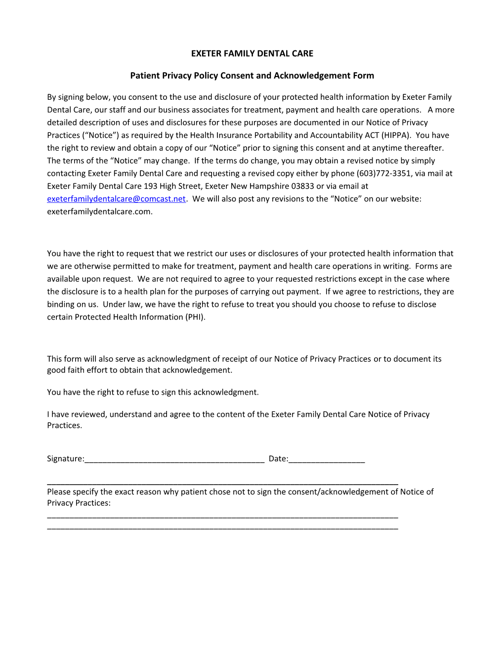 Patient Privacy Policy Consent and Acknowledgement Form
